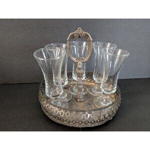 Vintage Silver-Plated Tray With Handle & 5 SherryGlasses Set